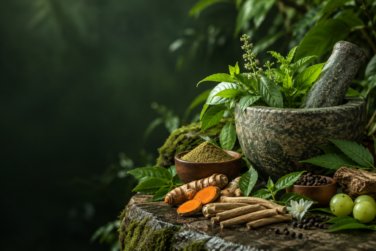 Fresh botanical ingredients and a mortar in natural light